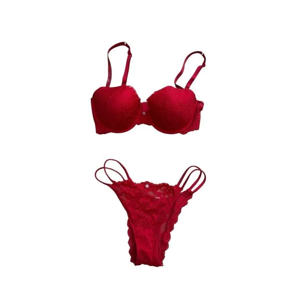 Victorias Secret Dream Angles Red Lace Balconette Bra and Panty 34DD Medium